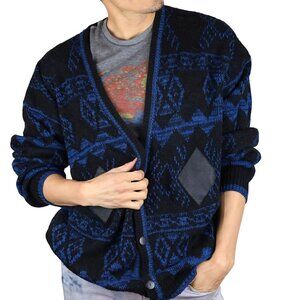 Vintage Unique Barnaby V Neck Grandpa Sweater Leather Black Blue 80s Size L